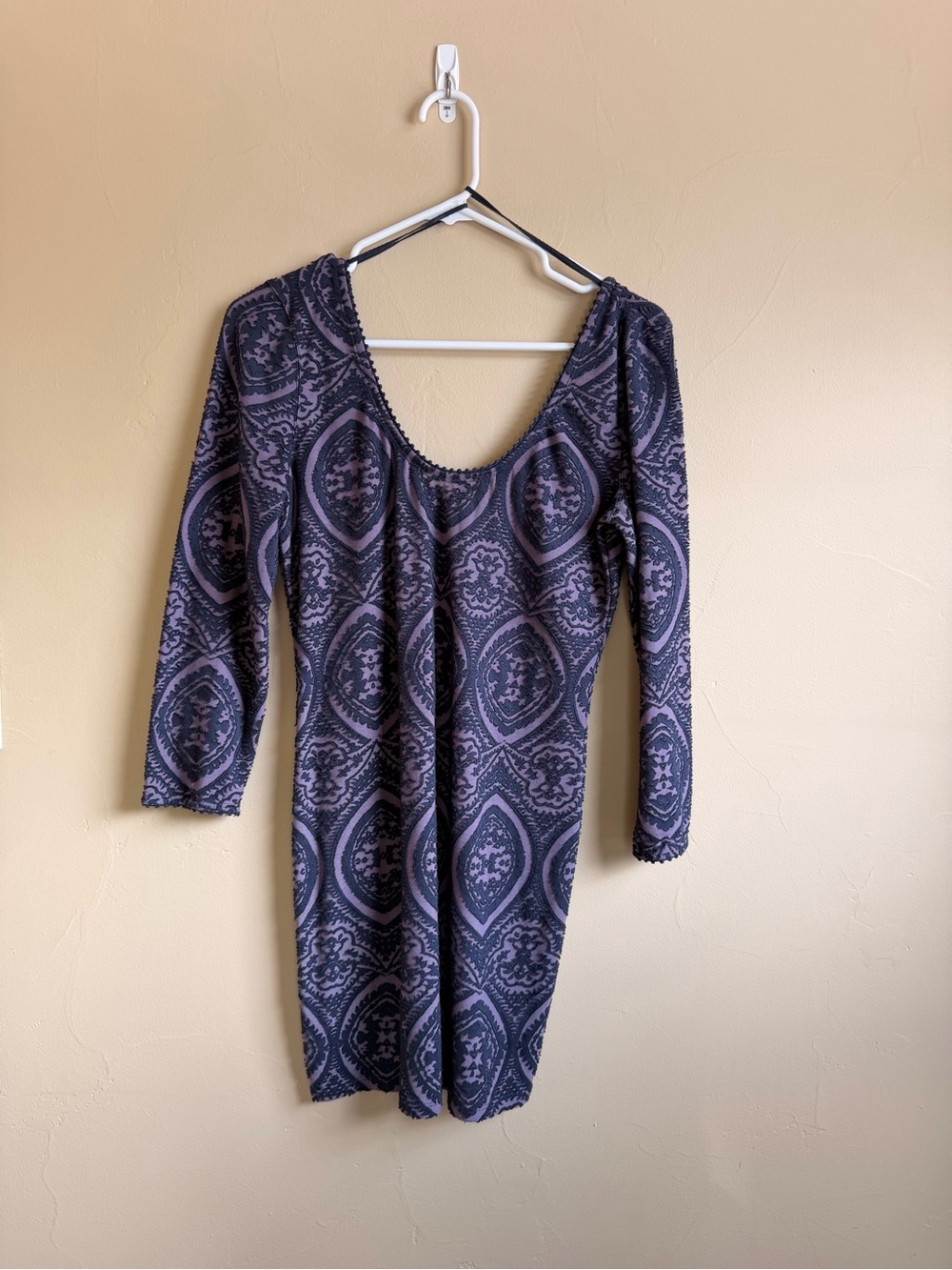 Free People Lavender and Navy Scoop-Neck Long Sleeve Medallion Dress